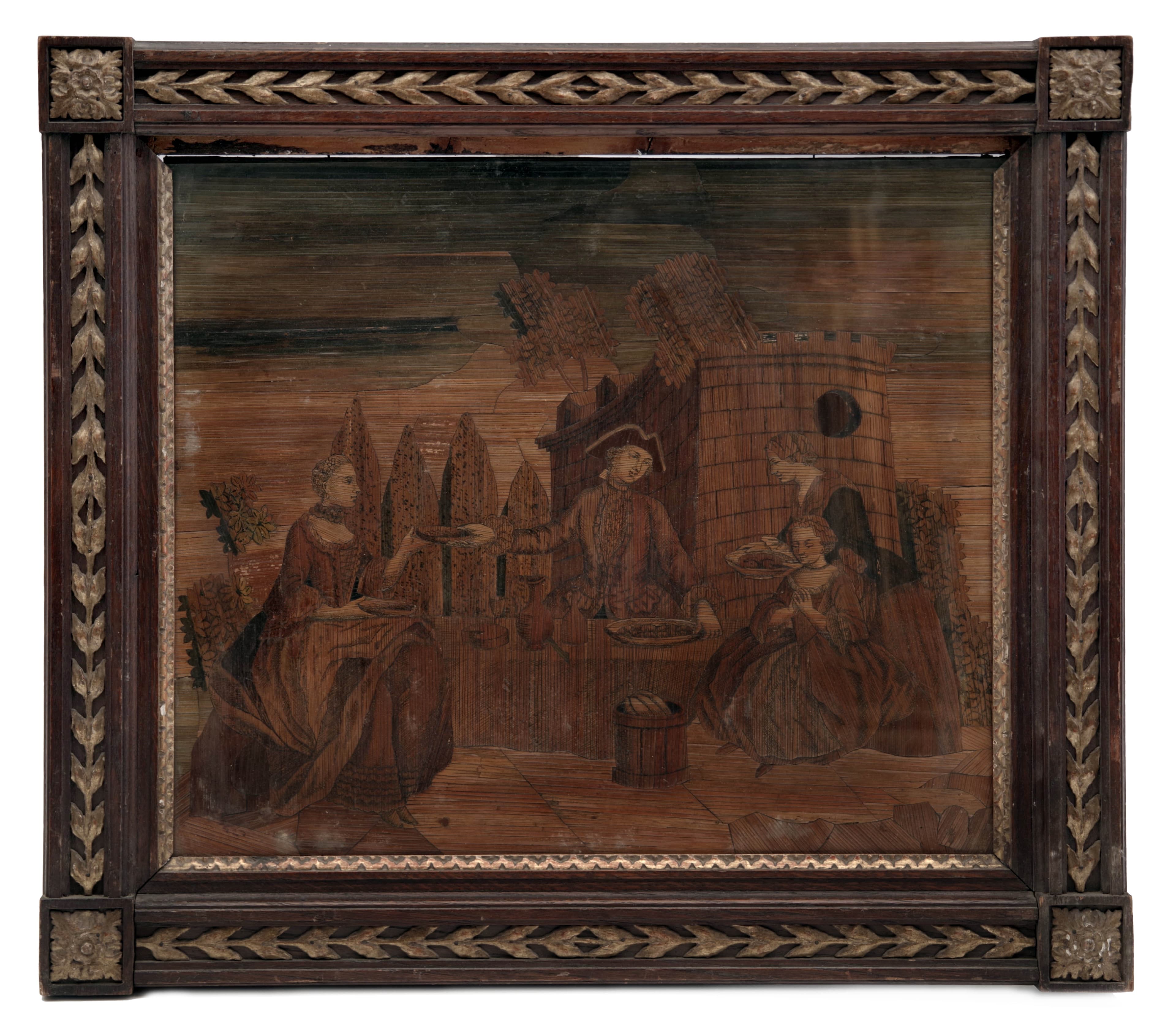Galantní figurální výjev zhotovený technikou "marqueterie de paille"