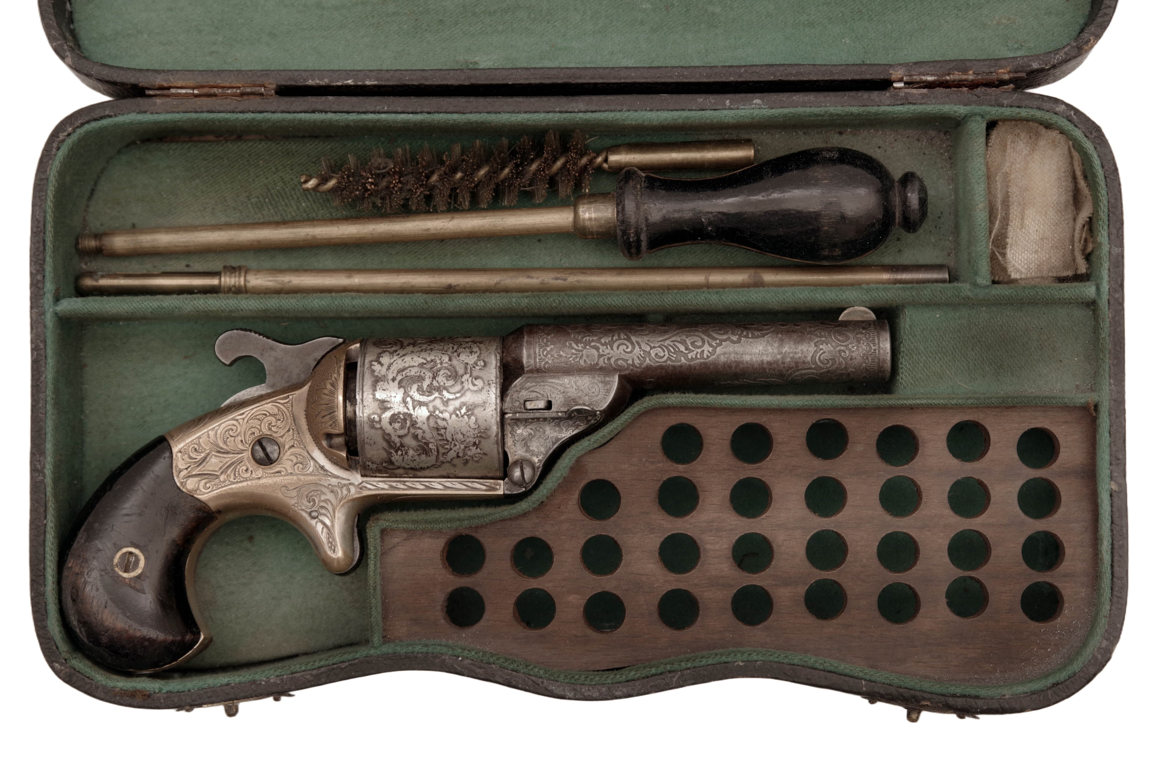 Leptaný a rytý revolver na bradavkový náboj v kazetě, Moore's Patent Firearms Co. — 2
